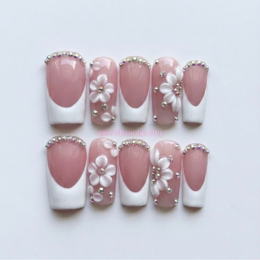 Pink Sparkle Floral French | press on nails | Handmade